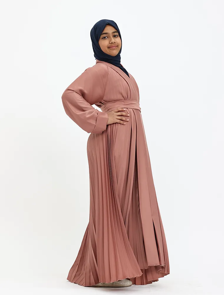 Girls Peach Pleated Silhouette Abaya